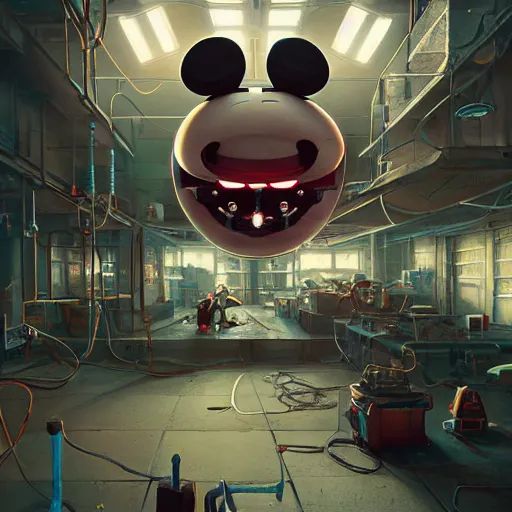 Prompt: mechanics fixing bloody mickey mouse head, mechanic facility, made by beeple, cgsociety, artgerm, greg rutkowski, highly detailed intricate 4 k art, low light cinematic, octane render, unreal engine,