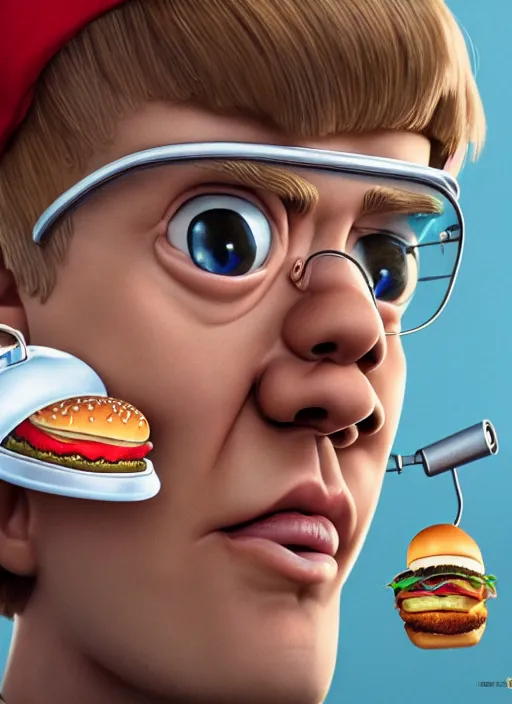 Prompt: highly detailed closeup, face profile portrait of justin bieber as a tin toy scientist wearing a tinfoil hat eating a hamburger, unreal engine, nicoletta ceccoli, mark ryden, earl norem, lostfish, global illumination, detailed and intricate environment