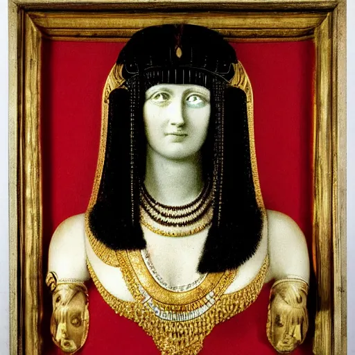 Prompt: portrait of cleopatra made of white marble and black onyx fusion, gold and red splatters, by michelangelo,