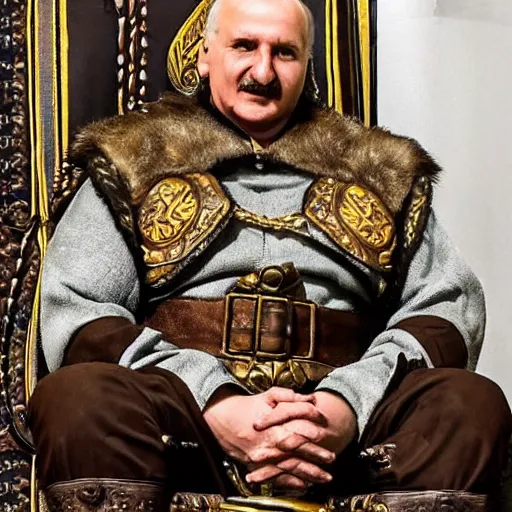 Image similar to Alexander Lukashenko as a Jarl in The Elder Scrolls V: Skyrim sitting on his throne in a relaxed rude pose