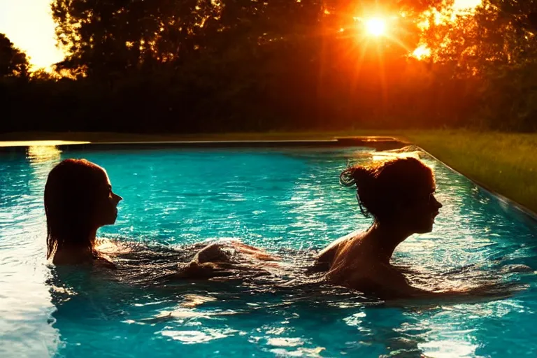 Prompt: a beautiful woman bathing in a serene forest pool, silhouetted against the setting sun