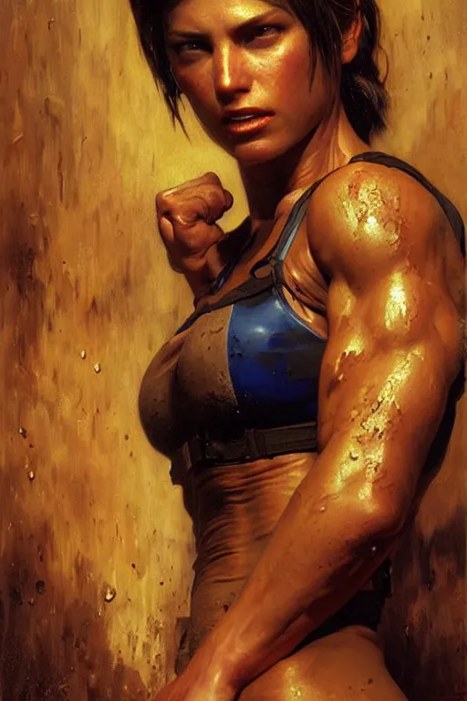 Image similar to muscular sweat jill valentine, covers with mud exhausted face close up, highly detailed painting by gaston bussiere, craig mullins, j. c. leyendecker 8 k