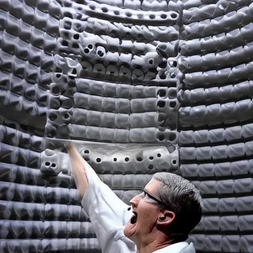 Prompt: tim cook going very insane in a padded cell