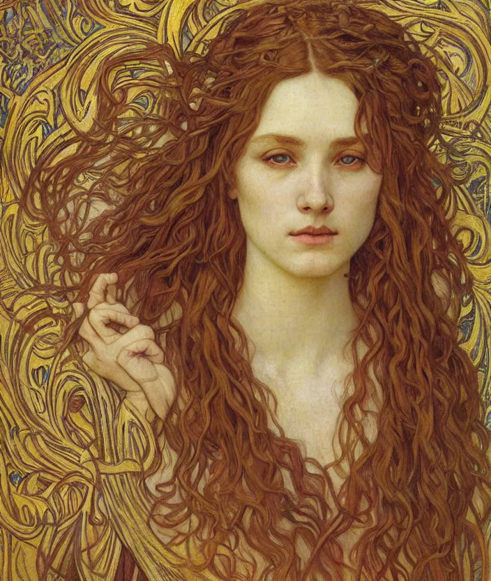 Image similar to detailed realistic beautiful young medieval queen face portrait by jean delville, alphonse mucha, vincent van gogh, and marco mazzoni, art nouveau, symbolist, visionary, gothic, pre - raphaelite