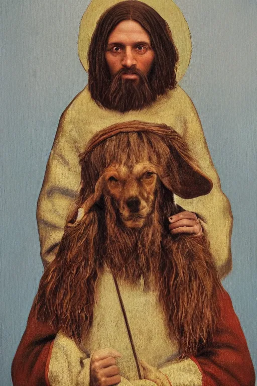 Image similar to Slavic dog head man, woolen torso in medieval clothes, Orthodox Saint Christopher, oil painting, hyperrealism, beautiful, high resolution, trending on artstation,