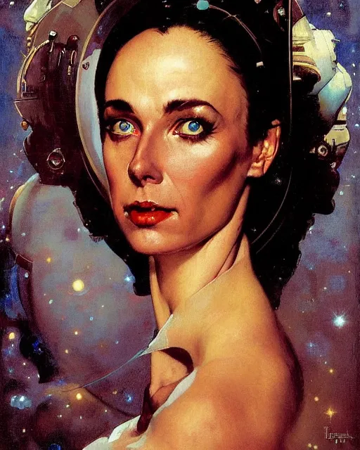 Image similar to head portrait of elegant space woman with wideset blue eyes by norman rockwell, roberto ferri, daniel gerhartz, edd cartier, jack kirby, howard v brown, ruan jia, tom lovell, frank r paul, dean cornwell, astounding stories, amazing, fantasy, other worlds