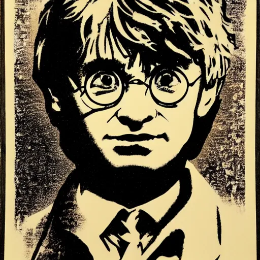 Prompt: individual harry potter silk screen portrait banksy style