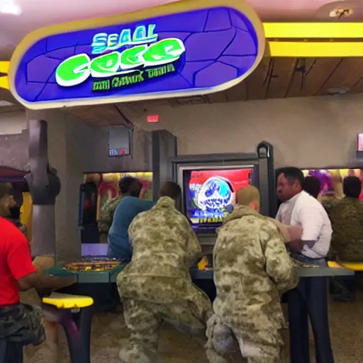 Image similar to Seal Team raiding a Chuck-E Cheese, realistic