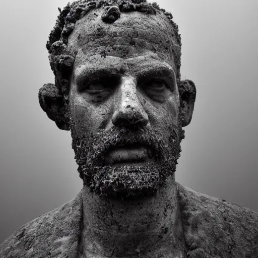 Image similar to Award-winning photograph by Mar Mann. The photo depicts a decaying roman bust of luiz inacio lula da silva overgrown with moss at the bottom of the sea in the middle of ruins of civilization. Minimalism, high definition, perfect composition. Deep sea picture. Very dark. Volumetric Lighting. Fish. Darkness. Ruins