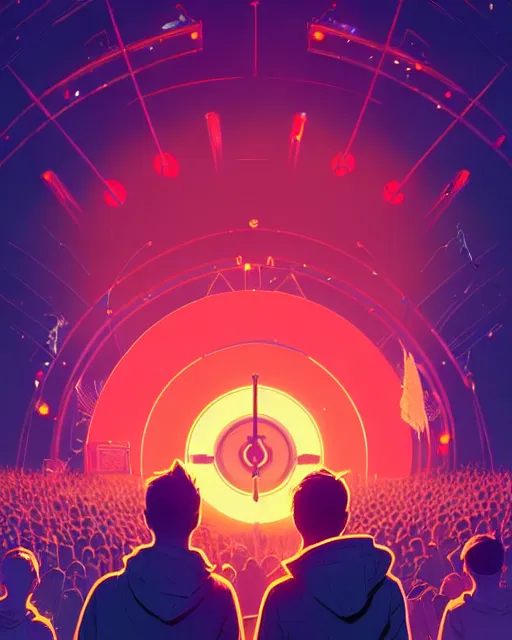 Image similar to tomorrowland, hyper - realistic portrait of a man in a hoodie, on the stage of a music festival, intricate, 4 k, by atey ghailan, by greg rutkowski, by greg tocchini, by james gilleard, by joe fenton, by kaethe butcher, dynamic lighting, lighting color scheme, sharp focus, grunge aesthetic