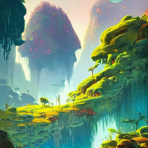 Image similar to illustration of a lush natural scene on an alien planet by paul lehr. beautiful landscape. weird vegetation. cliffs and water.