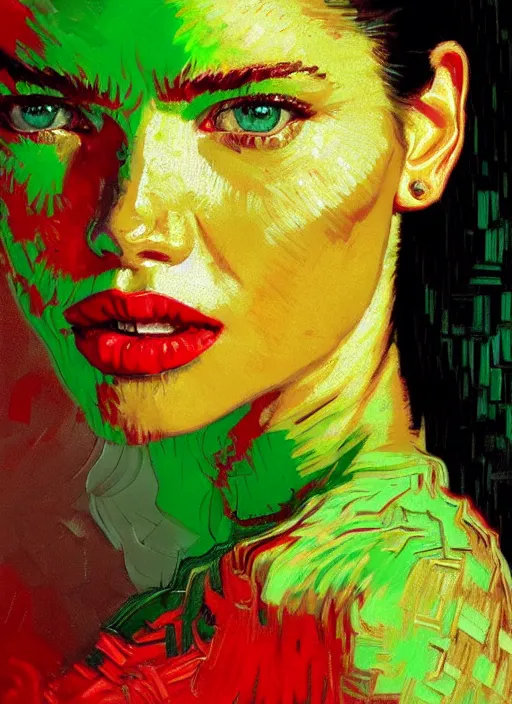 Prompt: close up portrait of adriana lima, sensual, ecstatic, shades green and red, beautiful face, rule of thirds, intricate outfit, spotlight, by greg rutkowski, by jeremy mann, by francoise nielly, by van gogh, digital painting