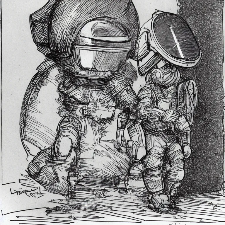 Image similar to sketch of a cute chibi dnd daft punk gnome inventor tinkerer wearing a helmet, walking cautiously, etching by louis le breton, moebius 1 8 6 9, 1 2 0 0 dpi scan