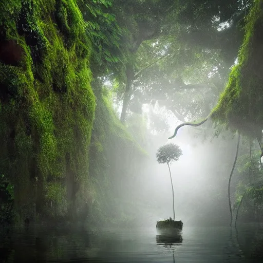 Prompt: a rainy foggy jungle, river with low hanging plants, there is a giant octopus climbing up a tree, great photography, ambient light