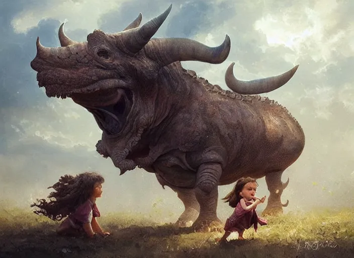 Image similar to a cute little girl with wavy curly brown hair meets a triceratops. beautiful painting by greg rutkowski