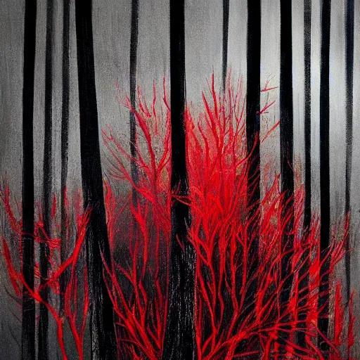 Prompt: a creature of your nightmares in a dark and twisted forest, horrifying, black and red colours, wispy fog, tall and ominous trees, accented paint strokes, detailed