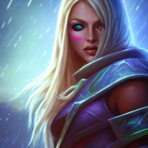 Prompt: ( hyperrealist portrait of sylvanas windrunner on a blue planet where it rains. ) by noah bradley, photorealistic, dynamic lighting, beautiful, trending on artstation, wallpaper, dream, 4 k, award winning, lovely pastel colors, ethereal, elegant, cute face, handsome girl, perfect factions