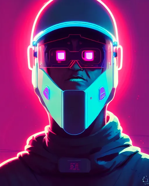 Image similar to cyberpunk synth, hyper - realistic detailed portrait of a man in a hoodie, with neon visor mask, dynamic pose, by atey ghailan, by greg rutkowski, by greg tocchini, by james gilleard, by joe fenton, by kaethe butcher, sharp focus