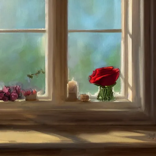 Prompt: The image would feature a windowsill with two vases, one containing a red rose and the other containing a blue violet. The natural light from the window would be shining in on the scene. Trending on artstation