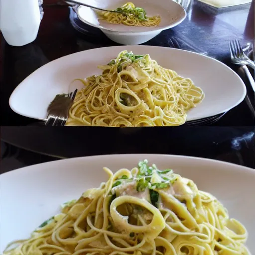 Prompt: photograph of Chicken Piccata with angel noodles from Cheesecake Factory