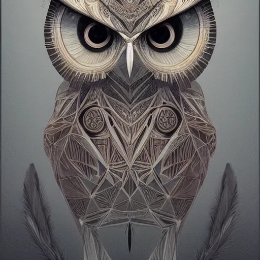 Prompt: portrait of a geometric owl, identical eyes, medium shot, illustration, full body made of white feathers, symmetrical, art stand, super detailed, cinematic lighting, and its detailed and intricate, gorgeous, by peter mohrbacher - h 7 0 4 - c 1 3. 0 - n 9