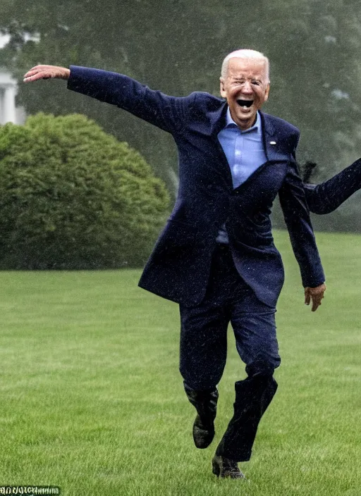 Image similar to joe biden is running terrified from a monster from predator that is chasing him on the white house lawn during a storm