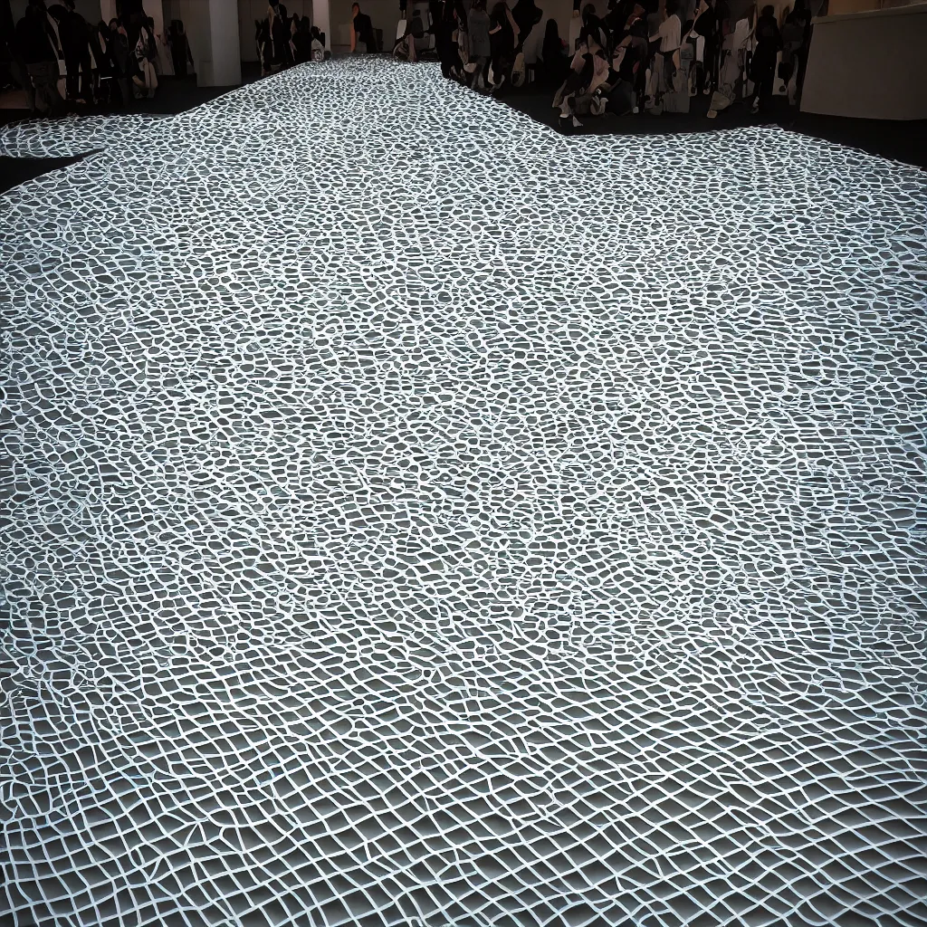 Prompt: “ a lightweight structure surface peeling of the floor made of 3 d printed glass by neri oxman, designed by toyo ito architect ”