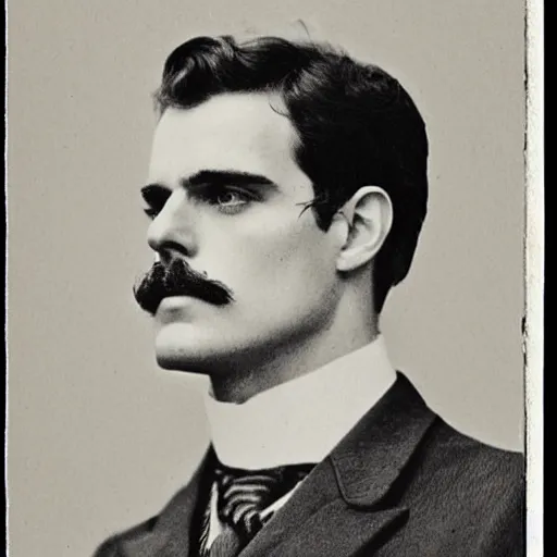 Image similar to edwardian photograph of a mix of billie eilish and henry cavill, male, 1 9 0 0 s, 1 9 1 0 s, grainy, slightly blurry, faded, realistic face