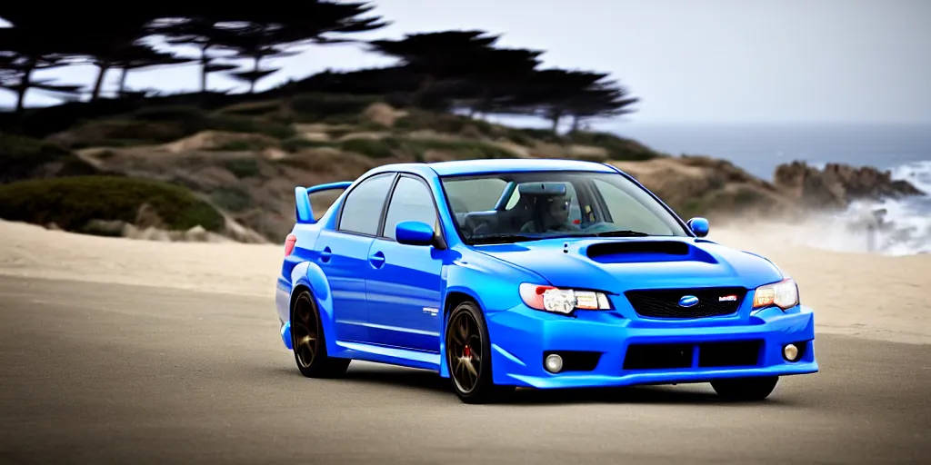 Image similar to photograph, 2007, 2007, 2007 Subaru WRX STi, cinematic, california coast, ocean view, 8k, depth of field, bokeh.