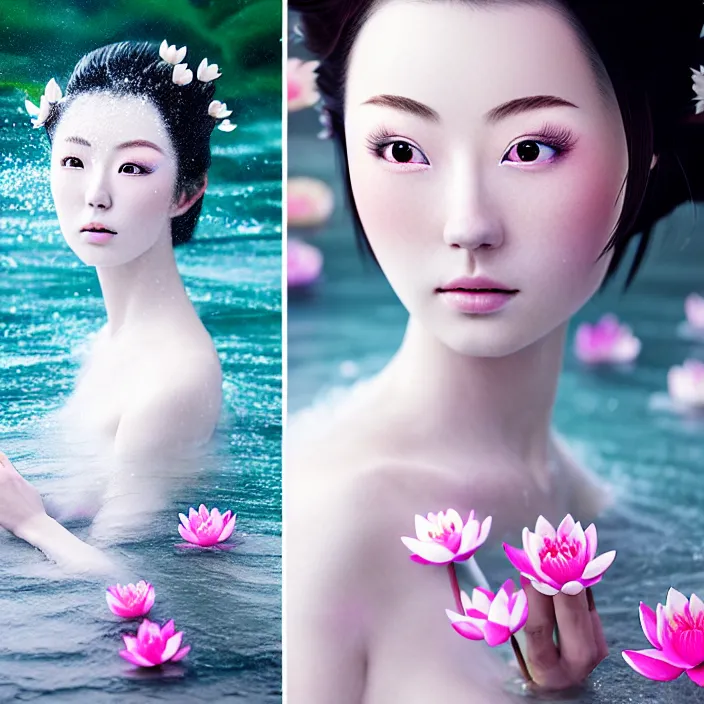 Prompt: Kodak Portra 400, 8K, soft light, volumetric lighting, highly detailed, Rena Nounen style 3/4 ,portrait photo of a Japanese ravishing Goddess how WLOP painter, the face emerges from the water of Pamukkale with lotus flowers, inspired by Ophelia paint , a beautiful chic dress and hair are intricate with highly detailed realistic beautiful flowers , Realistic, Refined, Highly Detailed, ethereal lighting colors scheme, outdoor fine art photography, Hyper realistic, photo realistic