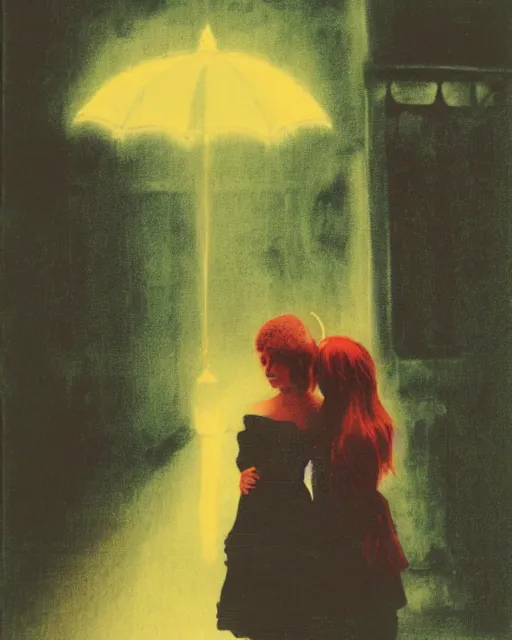 Image similar to an instant photo of a girl meeting the devil in the rain at night, 1 9 7 0 s, seventies, wallpaper, delicate embellishments, painterly, offset printing technique, by brom, robert henri, walter popp