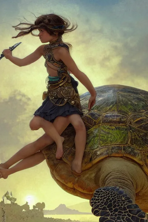 Prompt: a little warrior girl sitting on top of a giant turtle that is walking in the desert, seen from a distance. the girl is fully visible and has dark skin and beautiful green eyes, realistic full body and a very beautiful detailed face with long black hair. diffuse light, dramatic sky and landscape, fantasy illustration by mucha