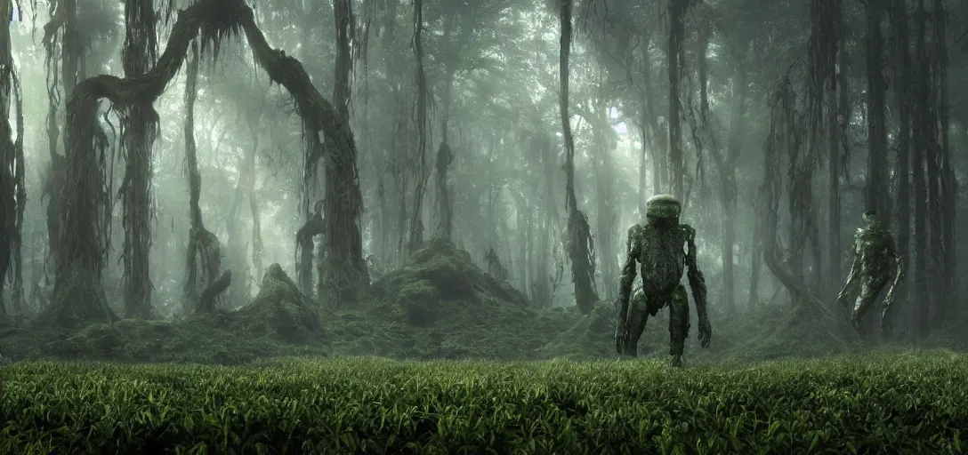 Image similar to a complex organic fractal 3 d metallic symbiotic ceramic humanoid megastructure creature in a swampy lush forest, foggy, sun rays, cinematic shot, photo still from movie by denis villeneuve, wayne barlowe