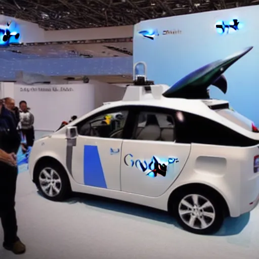 Prompt: google self driving car with shark mouth decal, photo from defense innovations expo 2 0 2 0