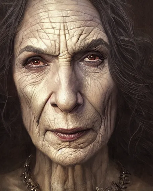 Prompt: Portrait of gal gadot as a wicked 100 year old witch, old wrinkled gal gadot by Tomasz Alen Kopera and greg rutkowski, masterpiece