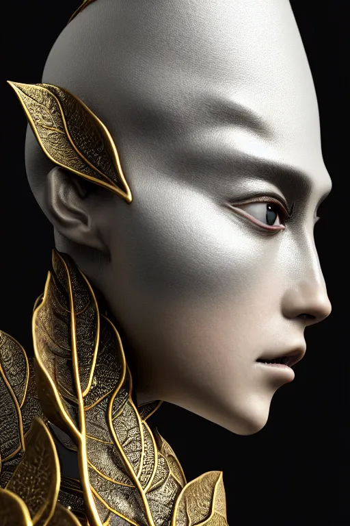 Image similar to close - up profile face, black background, beautiful young porcelain vegetal - dragon - cyborg - female, 1 5 0 mm, beautiful natural soft rim light, silver gold details, magnolia leaves and stems, roots, mandelbot fractal, elegant, hyper real, ultra detailed, white metallic armour, octane render, 1 6 k