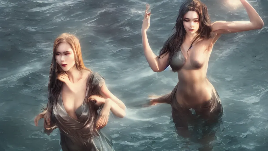 Image similar to whimsical, beautiful alluring women, wearing professional makeup, standing in a lake, raising an arm, under a binary black hole with a ring, by Greg Rutkowski, by Ross Tran, by artgerm, face enhance, volumetric lighting, 4k resolution, octane render, trending on artstation