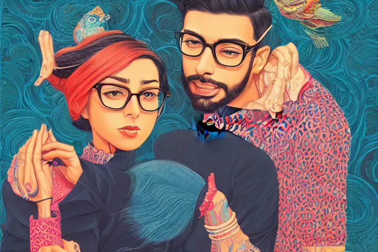 Prompt: a desi girl with medium length 4 b hair, and a desi man with light stubble and thin rectangular glasses with short 4 a hair, in love selfie, tristan eaton, victo ngai, artgerm, rhads, ross draws