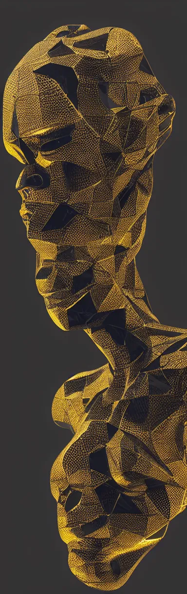 Image similar to epic illustration, low poly gold, neobrutalistic, digital abstract sculpt of beautiful female face body and black swirling latex acrylic portrait, black latex sculpt, minimalism, mechanical superstructure, sacred geometry, 8 k, cinematic, magic hour, beautiful light, sculpture of carving marble, dark colors, filigree ornaments, one point light, clockwork, epic matte painting