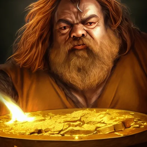 Prompt: portrait of a brutal dwarf hugging the humongous raw, unrefined gold nugget, lump of native gold, realistic, handsome eyes and hands, fantasy art, dnd, lord of the rings, mid - shot, moody lighting, by greg rutkowski, stanley lou, artgerm, trending on artstation, concept art, sharp focus, ray tracing