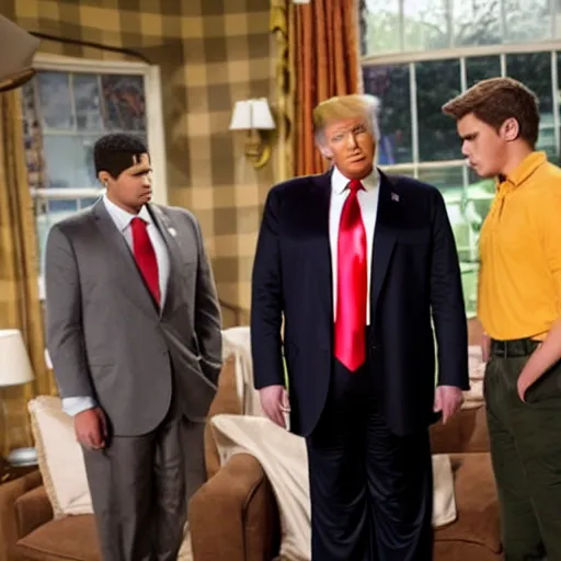 Image similar to a scene from the tv show, the boys, featuring donald trump as homelander.