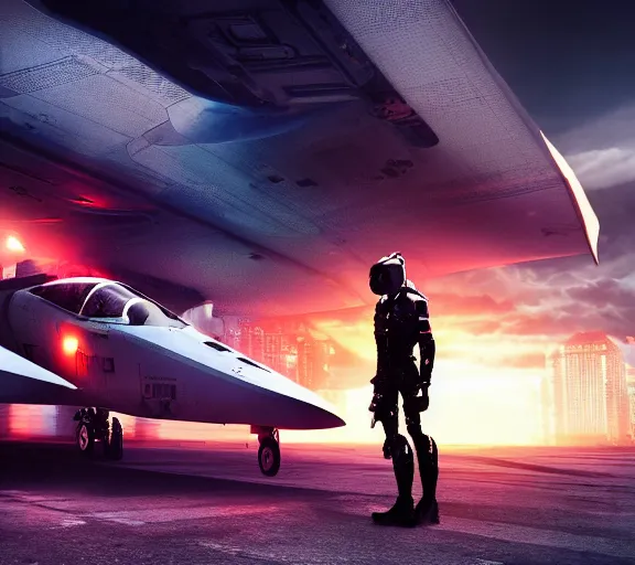 Image similar to fighter pilot stands beside futuristic sci fi fighter jet landed at runway of cyberpunk city, night photo ,dark cinematic lighting , digital concept art