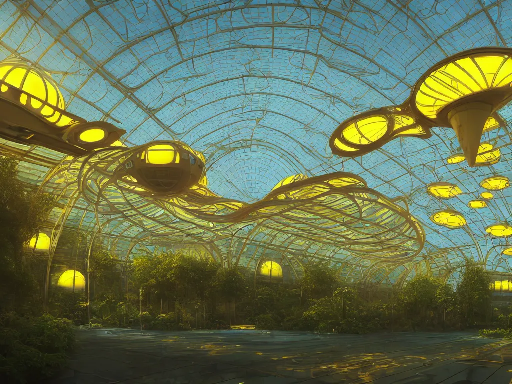 Prompt: Large Spaceship in style of an Art Nouveau Greenhouse in Space; yellow lights; by Beeple; very detailed, 3D Rendered matte painting, fresnel effect, subsurface scattering, DSLR, trending on Artstation Unreal Engine VRa