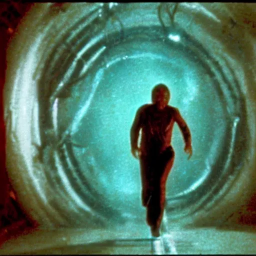 Image similar to a terrified scientist running from a huge slimy alien that came through a particle beam portal. Still frame from 80s horror film.