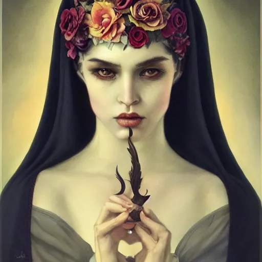 Prompt: tom bagshaw, soft painting of a curiosities carniva, beautiful nun blessing flowers in full dress, perfectly detailed, symmetrical intricate sensual features, highly detailed, artstation, sharp focus