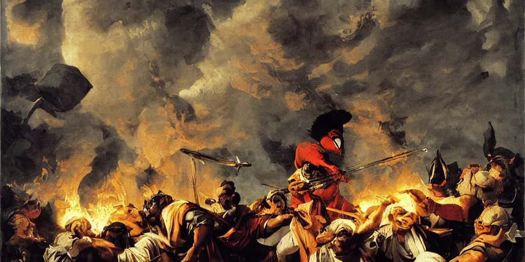 Prompt: a highly detailed menacing painting of pulcinella!!! from naples with a pizza!! and lots of fire, a volcano and dark smoke, an ultrafine detailed painting by giovanni domenico tiepolo, dramatic lighting, trending on deviantart, sharp focus, octane, masterpiece