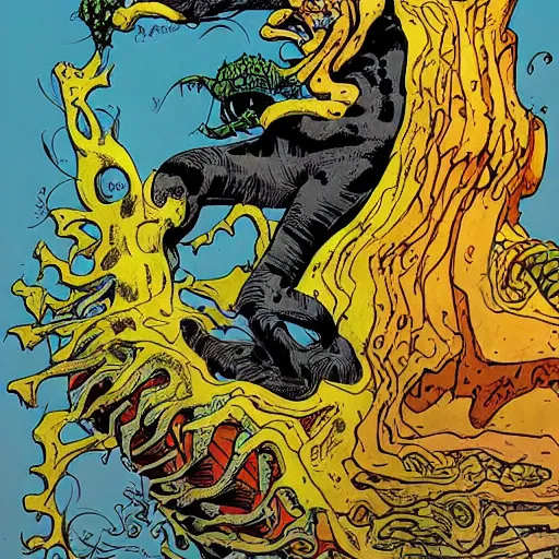 Prompt: madness creature, fluid, smooth, organic, crazy, bright, colours, tumours, high contrast, sharpness, dramatic, very detailed, intricate, by herge and uderzo and enki bilal and hugo pratt