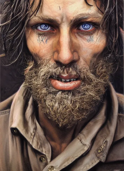 Image similar to a portrait a dirty unwashed homeless man, art by boris vallejo and greg danton and denys tsiperko, detailed, hyperrealism, artstation