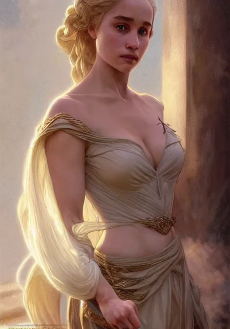 Prompt: daenerys angeline jolie, intricate, elegant, highly detailed, digital painting, artstation, concept art, smooth, sharp focus, illustration, art by artgerm and greg rutkowski and alphonse mucha and william - adolphe bouguereau