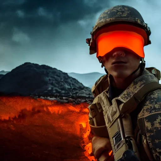 Prompt: a soldier with a glowing orange visor, a half-turn looks into the camera, bodies of the dead are scattered around, an fire in the background, 4k, details, dramatic pose